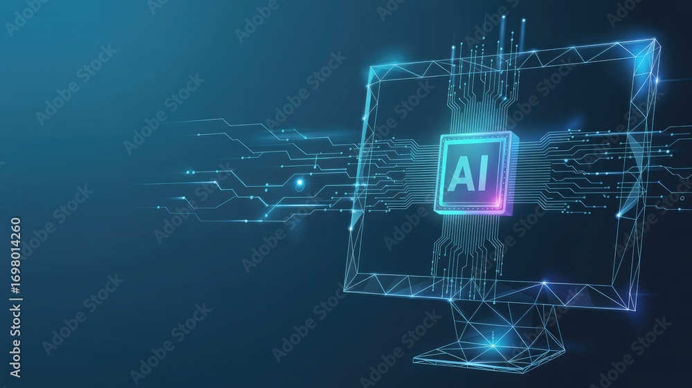 Poster futuristic ai technology circuit board with glowing data flow and digital intelligence concept
