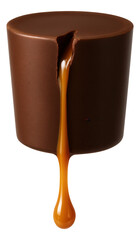Obraz premium A cylinder of milk chocolate with a crack revealing flowing caramel sauce.