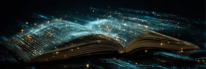 An open book bathed in ethereal light, filled with swirling, luminescent particles