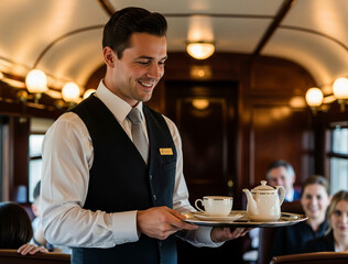 Male waiter works swiftly delivering the best service.