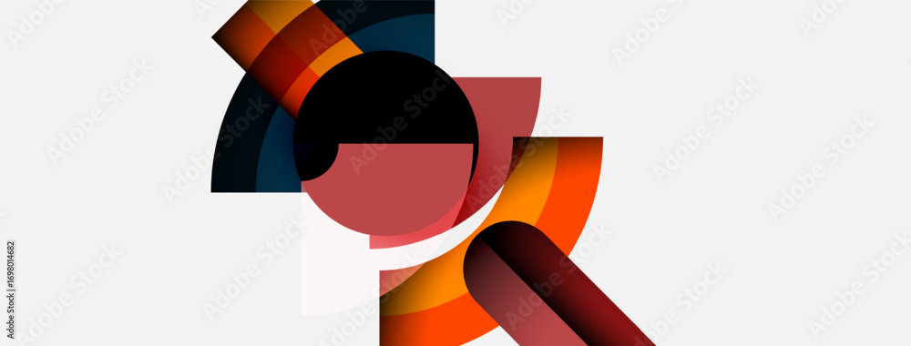 Poster abstract geometric shapes overlap, creating dynamic composition. warm colors blend with cool tones o