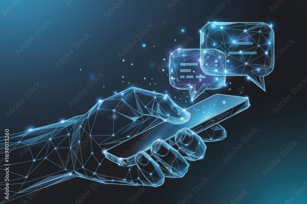 Poster futuristic digital art hand interacting with glowing abstract technology interface display