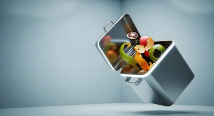 Modern composting bin filled with food scraps, promoting sustainable living and environmental responsibility in a bright, clean kitchen setting, illustrating eco-friendly practices.