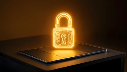 Glowing padlock icon hovering over a tablet, symbolizing digital security, data protection, and online privacy in the context of modern technology