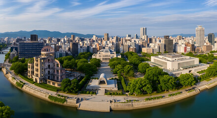 Obraz premium Aerial view of Hiroshima Peace Memorial Park with surrounding cityscape