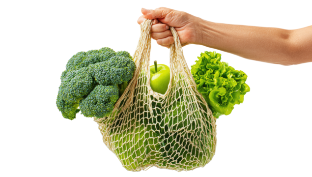Hand holding a light beige mesh bag filled with green vegetables, including broccoli, an apple, and lettuce