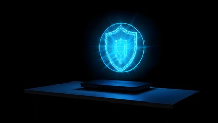Futuristic glowing shield hologram projected above a platform, symbolizing advanced security, data protection, and cuttingedge technology in a digital world