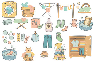 Cute Laundry clipart set with washing machine, clothes, socks, detergent and household items in cartoon flat style