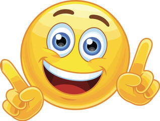 Smiling cartoon emoji with pointing fingers up, cheerful expression icon for attention, positive gesture symbol, flat vector illustration