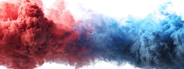 Abstract cloud-like shapes of red and blue smoke against a black background
