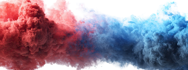 Abstract cloud-like shapes of red and blue smoke against a black background