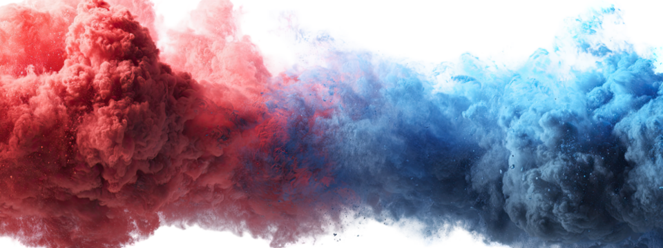 Abstract cloud-like shapes of red and blue smoke against a black background
