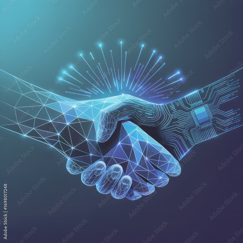 Poster futuristic digital handshake symbolizing global connection and technology integration