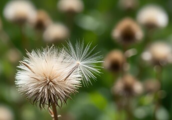 Delicate thistle seed head dispersing in natural light