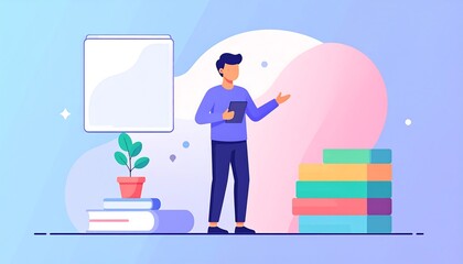 Man Presenting in a Modern Classroom Setting with Books and Whiteboard.