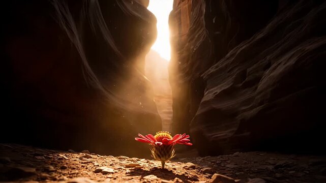 Cinematic shot of a vibrant red flower blooming in a dark, majestic slot canyon, bathed in golden light rays from above, symbolizing life's resilience in an epic, mysterious desert landscape.