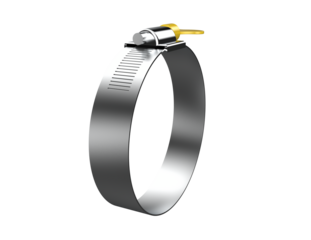 High-quality stainless steel hose clamp, isolated, perfect for plumbing and automotive applications. This industrial fastening tool provides secure connections, rendered in high definition on a PNG