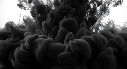 Closeup of black ink dispersing in clear liquid, creating voluminous, cloudlike formations with delicate wisps, isolated on a bright white background for versatile creative applications