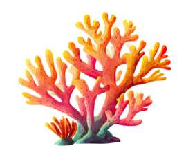 Vibrant coral reef.  Colorful coral, resembling a cluster of branches, against a black background.  Bold, stylized colors of orange, pink, and yellow.  Outlined detail.  Pixelated graphic art style