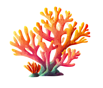 Vibrant coral reef.  Colorful coral, resembling a cluster of branches, against a black background.  Bold, stylized colors of orange, pink, and yellow.  Outlined detail.  Pixelated graphic art style