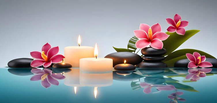 Minimalist spa flat lay with candles, tropical leaves, smooth stones, and essential oil bottles on beige background. Perfect for beauty, wellness, relaxation, self-care, and health advertising.