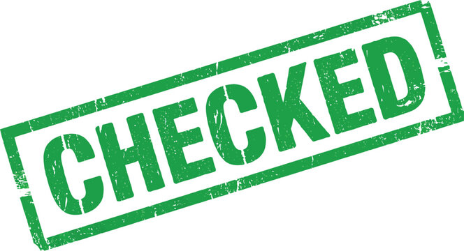 green checked stamp with grunge texture on transparent background