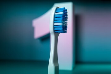 Modern electric toothbrush with vibrant blue bristles and sleek white handle, set against a softly lit, abstract background.