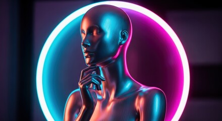 Futuristic Metallic Figure Contemplating Under Neon Lights