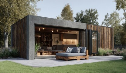 Modern cabin with open-plan living, outdoor seating