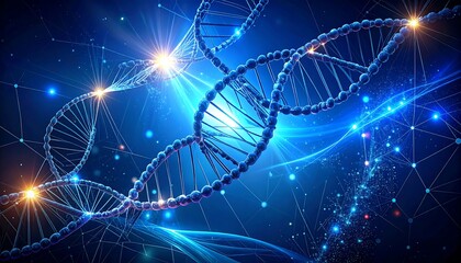 Abstract DNA double helix, blue glowing background, interconnected nodes