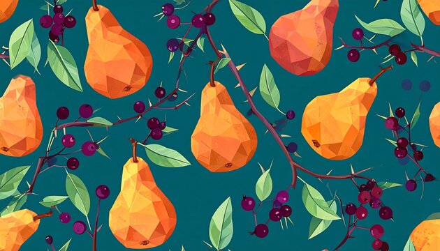 Pear Pattern with Berries and Leaves.