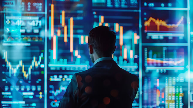 Businessman analyzing intricate real-time market data across multiple glowing digital screens, strategizing global investments in a high-tech financial environment