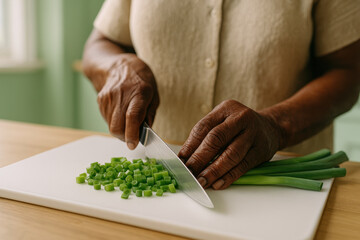 Close up of adult slicing fresh green onions on a white cutting board in a bright home kitchen setting