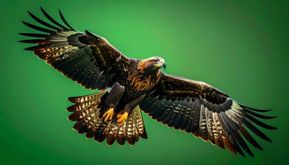 águila real (Aquila chrysaetos) en primer plano, volando con las alas extendidas y mostrando su envergadura imponente. Se aprecian en detalle las plumas marrones oscuras con tonos dorados en la cabeza