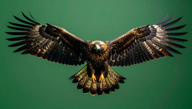 &aacute;guila real (Aquila chrysaetos) en primer plano, volando con las alas extendidas y mostrando su envergadura imponente. Se aprecian en detalle las plumas marrones oscuras con tonos dorados en la cabeza