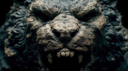 Fierce Beast Head Sculpture with Rugged Stone Texture