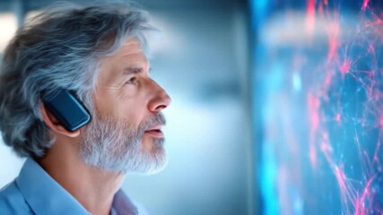 Man with futuristic ear device and abstract network display technology interface - Powered by Adobe