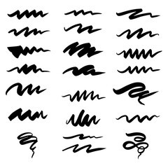 Collection of hand drawn wavy and zig-zag brush strokes. Black marker ink scribble lines for emphasis