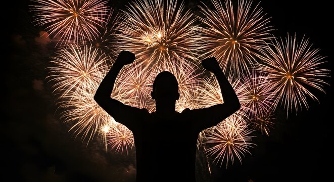 Silhouette of a striker celebrating overlaid with firework explosions