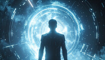 Silhouetted figure facing a glowing, circular technological portal.