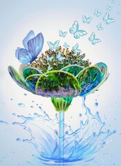 Beautiful stylized flower with butterflies and splash of water art illustration