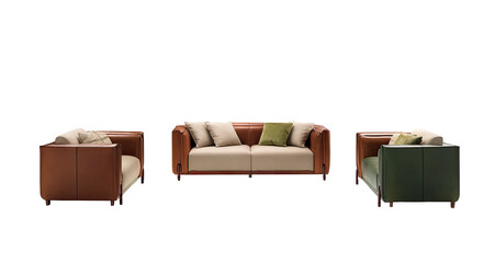 Modern sectional sofa set in camel and sage green leather