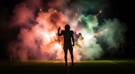 Football player silhouette filled with celebration smoke and pyrotechnics
