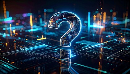 A glowing question mark floats above an abstract network of data and circuits, emitting bright neon light in a dark space