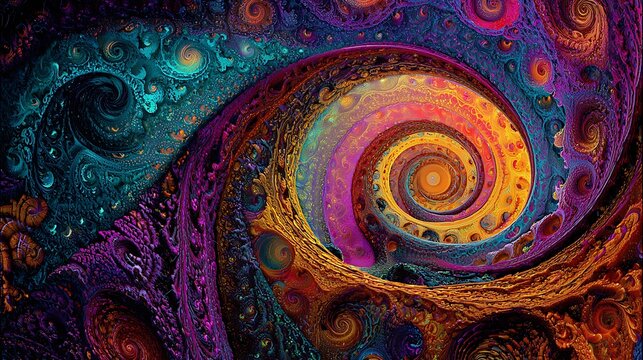 Vibrant Abstract Spiral Pattern with Cosmic Colors and Intricate Details