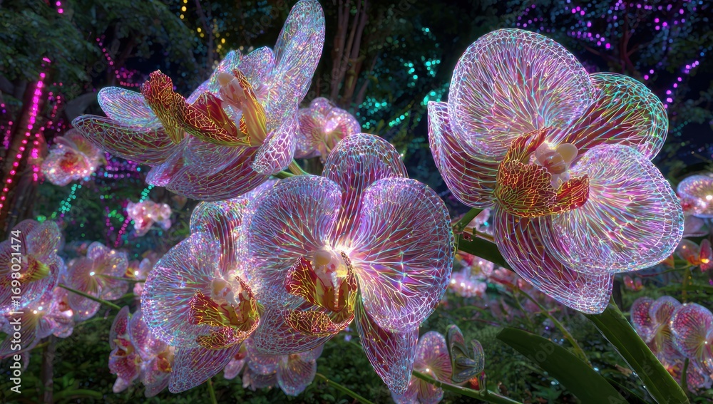 Poster vibrant orchids illuminated by colorful lights, showcasing a mesmerizing display of glowing petals a