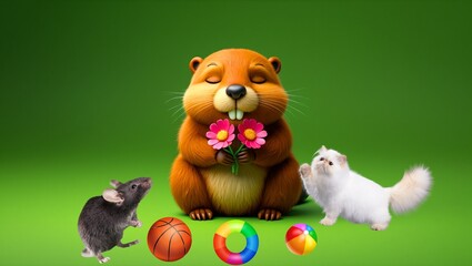 Cute Cartoon Beaver Mouse and Cat with Balls on Green Background