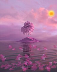 Dreamy pink landscape with cherry blossom tree island and petals floating
