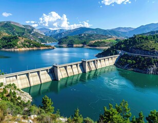 A massive concrete dam stretches across a tranquil reservoir, nestled amongst lush green hills under a vibrant blue sky.