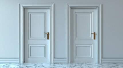 Obraz premium Two white doors on a marble floor in a light room. Interior design stock photo